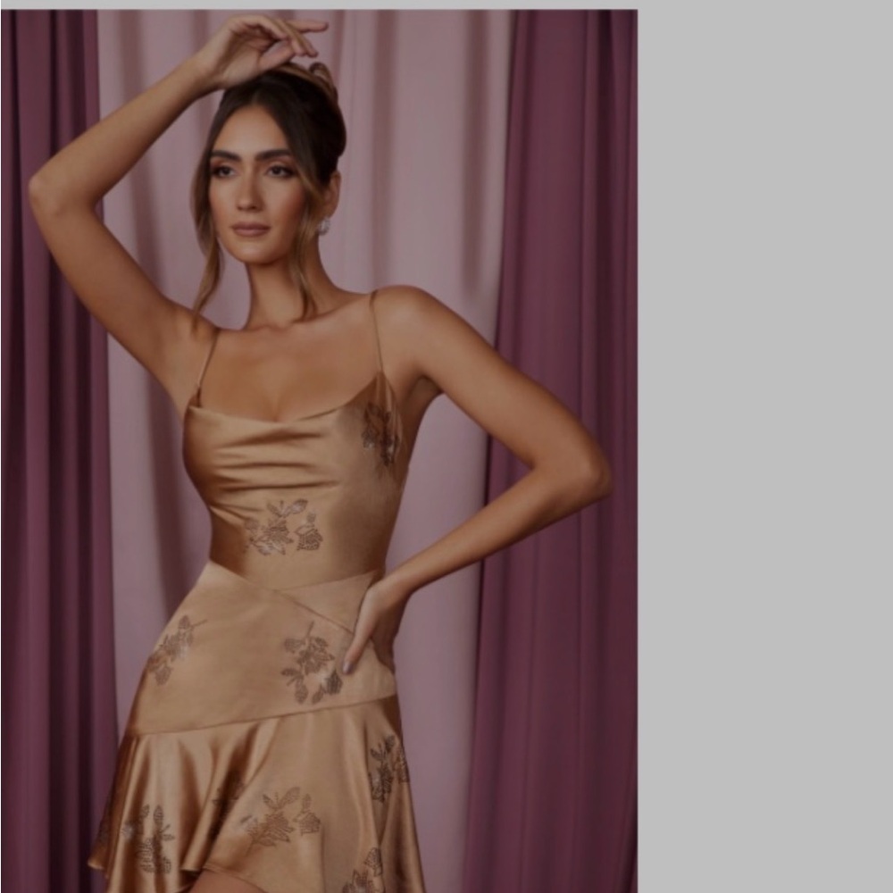 Oh Polly Satin Gold Floral Mini Dress